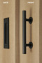 Barn Door Pull and Flush Tubular Door Handle Set (Black Powder Stainless Steel Finish) mockup on wood door