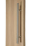 Flat Ladder Pull Handle with Stylish Dimples - Back-to-Back (Brushed Satin Stainless Steel Finish) mockup on wood door