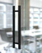 1" x 1" Square Ladder Pull Handle - Back-to-Back (Black Powder Stainless Steel Finish) mockup on glass door