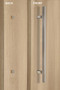 One Sided 1" x 1" Square Ladder Pull Handle with Decorative Thru-Bolt End Cap, Brushed Satin US32D/630 Finish, 304 Grade Stainless Steel Alloy mockup on wood door