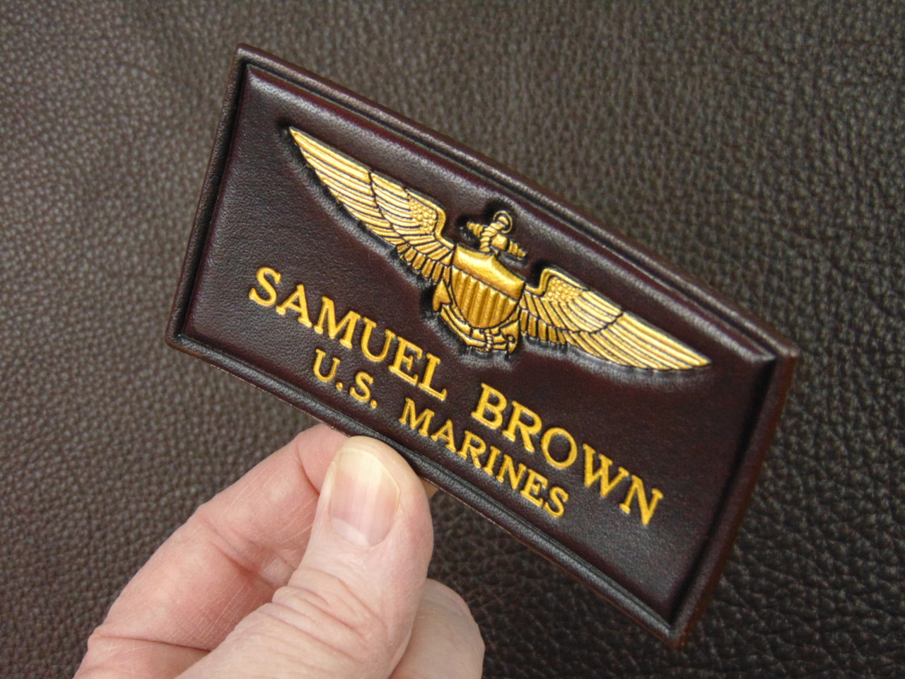 USMC PILOT Nametag  2 Lines of Text, Classic Embossed leather
