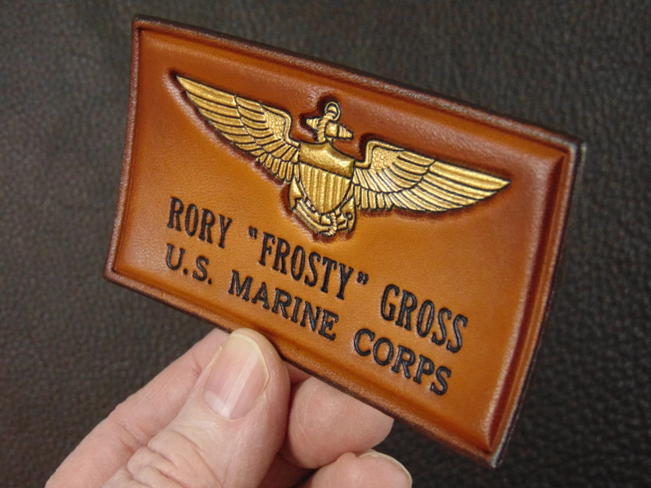 USMC PILOT Nametag  2 Lines of Text, Classic Embossed leather