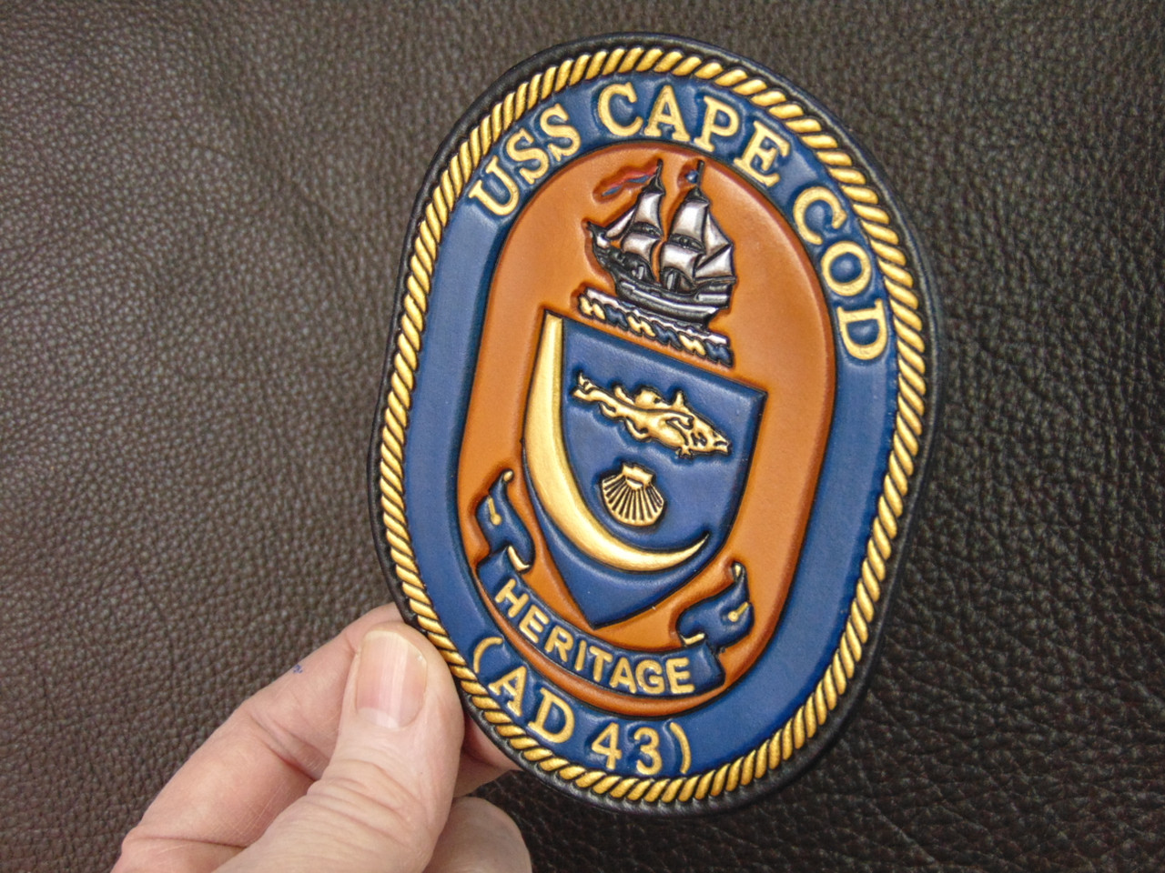 AD-43, USS CAPE COD , Classic Embossed Leather patch, Offically Licensed