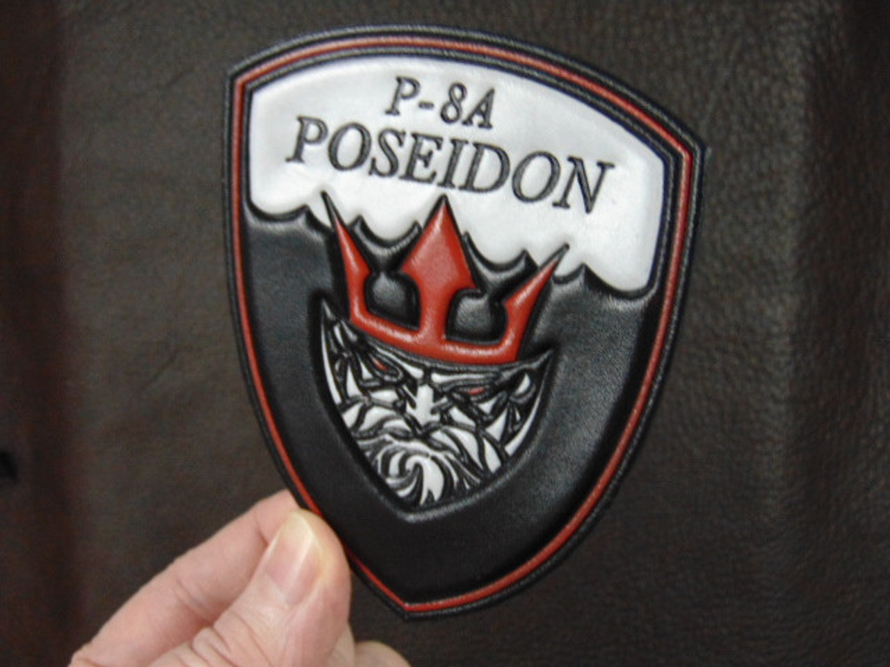 P-8 POSEIDON SHIELD, Red & Black, Classic Embossed Leather, Officially Licensed