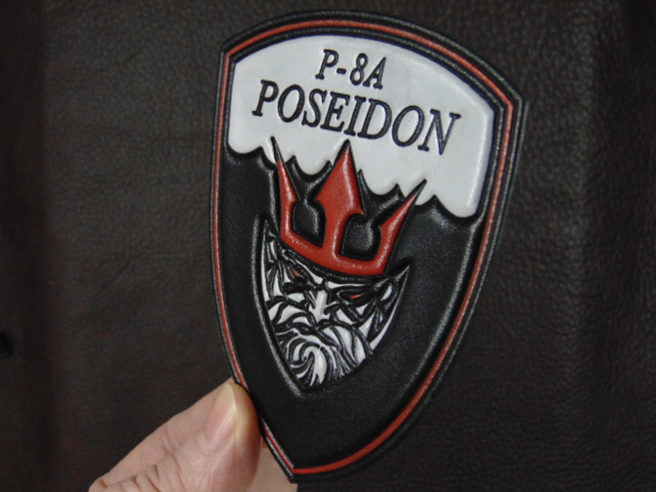 P-8 POSEIDON SHIELD, Red & Black, Classic Embossed Leather, Officially Licensed