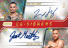 Dual autograph UFC Co-Signers card featuring Max Holloway and Justin Gaethje from Topps Stadium Club. Limited edition 1/10 with vibrant design and certified signatures—premium collectible for MMA fans and UFC card investors.