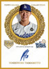 2025 Topps Gilded Baseball Yoshinobu Yamamoto gold framed autograph card featuring the Los Angeles Dodgers star with World Series branding and a certified on-card signature.