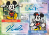 2026 Topps Disney Neon dual autograph card featuring Mickey Mouse and Minnie Mouse with certified signatures on a colorful chrome-style Disney trading card design.