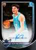 Kon Knueppel Bowman Chrome rookie autograph card featuring Charlotte Hornets uniform, on-card signature, and limited 07/10 serial numbering from 2025/26 Bowman Basketball.