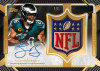 Saquon Barkley 1/1 Topps autographed NFL shield patch card featuring game-used memorabilia and Philadelphia Eagles running back in premium gold-accent design.