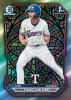Seong-Jun Kim 1st Bowman Chrome card featuring Texas Rangers prospect with stained-glass style refractor design and vibrant multi-color pattern.