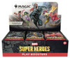 Magic The Gathering Marvel Super Heroes Play Booster Box display featuring multiple booster packs with Marvel character artwork including Black Panther, Wolverine, Scarlet Witch, and Iron Man.