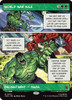 World War Hulk MTG Marvel Super Heroes Saga card featuring dynamic comic-style panels of Hulk in battle, highlighting abilities that boost creatures, grant free casting, and deliver powerful trample effects.
