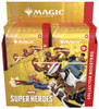 Magic The Gathering Marvel Super Heroes Collector Booster Box display featuring gold premium packaging with Marvel characters including Iron Man, Captain Marvel, and Storm on booster packs.