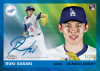 Roki Sasaki 2025 Topps Chrome Platinum Baseball rookie autograph refractor card featuring the Dodgers pitching prospect with serial-numbered blue parallel design.