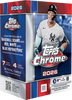 2026 Topps Chrome Baseball Value Box featuring 7 packs per box, 4 cards per pack, 28 total cards, exclusive Baseball Seams inserts, Red White and Blue Refractor parallels, rookie cards, and premium MLB trading cards.