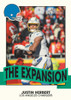 2026 Topps Heritage Football The Expansion insert featuring Justin Herbert of the Los Angeles Chargers in a vintage-inspired design.