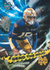 2026 Bowman U Best Football Leonard Moore Send the House insert featuring the Notre Dame defender with yellow caution tape and flying debris.