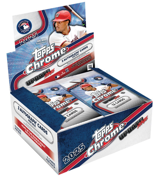 2025 Topps Chrome Update Series Baseball Cards Retail Box featuring James Wood of the Washington Nationals. Includes 12 packs of exclusive trading cards with 3 guaranteed autograph cards per box. Highlighted by Rookie Debut Patch Autographs.
