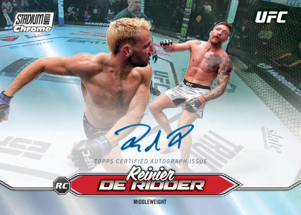 2025 Topps Stadium Club UFC autographed card featuring Reinier De Ridder – Middleweight division action shot.