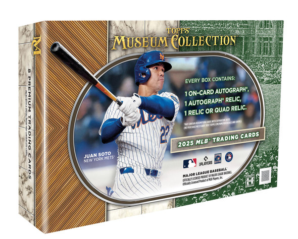 2025 Topps Museum Collection Baseball Hobby Box featuring Juan Soto in a Mets uniform. Includes 8 premium trading cards per box with on-card autograph, autograph relic, and memorabilia hits—ideal for high-end MLB collectors.