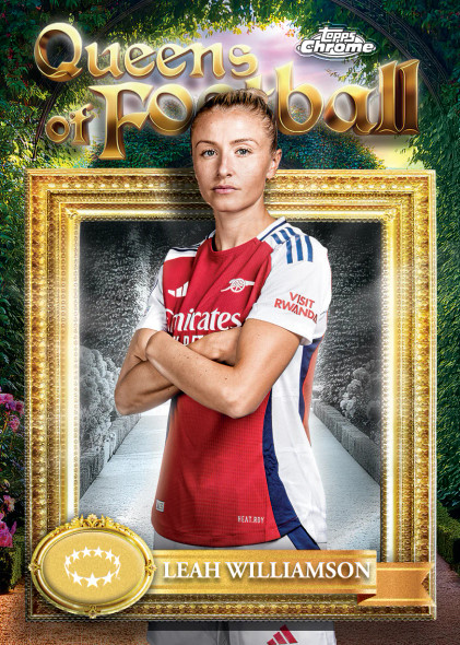 Leah Williamson “Queens of Football” card from Topps Chrome UWCL featuring Arsenal kit, regal gold frame, and lush background. A premium tribute to one of England’s top defenders in women’s football.
