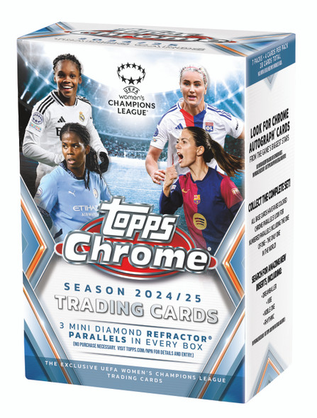 2024/25 Topps Chrome UWCL Value Box featuring 6 packs plus bonus Pulsar Refractor pack. Includes top UEFA Women’s Champions League players, Chrome inserts, and potential autographs—ideal for collectors seeking premium soccer cards at great value.