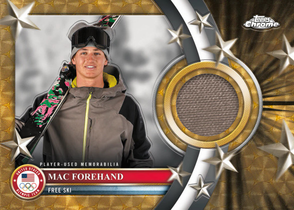 Mac Forehand player-used memorabilia card from 2026 Topps Chrome U.S. Winter Olympics & Paralympic Team Hopefuls featuring Team USA freestyle skiing gold refractor design