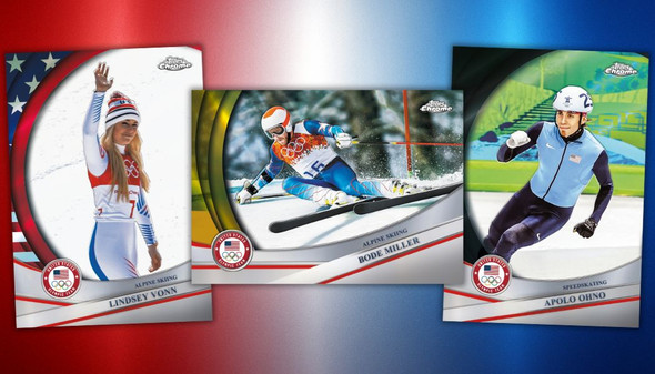 Featured athletes from 2026 Topps Chrome U.S. Winter Olympics & Paralympic Team Hopefuls including Lindsey Vonn, Bode Miller, and Apolo Ohno on Team USA trading cards