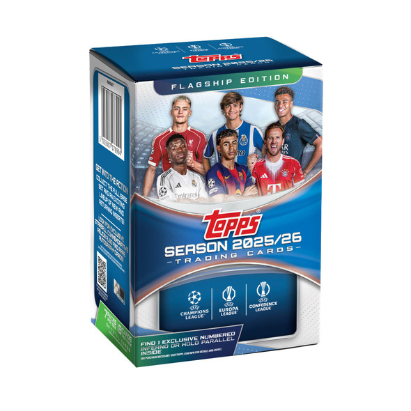 2025/26 Topps UCC Club Competitions Value Box featuring UEFA Champions League, Europa League, and Conference League trading cards