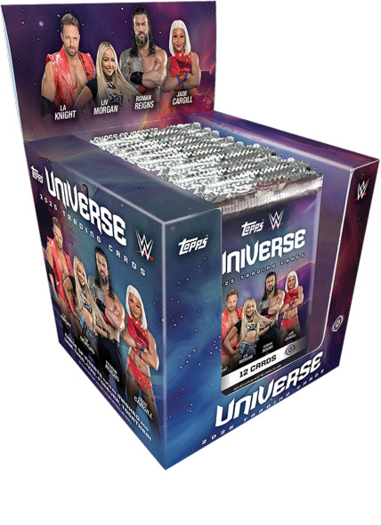 2025 Topps WWE Universe Hobby Box featuring WWE Superstars with premium designs, exclusive parallels, autographs, and memorabilia cards.