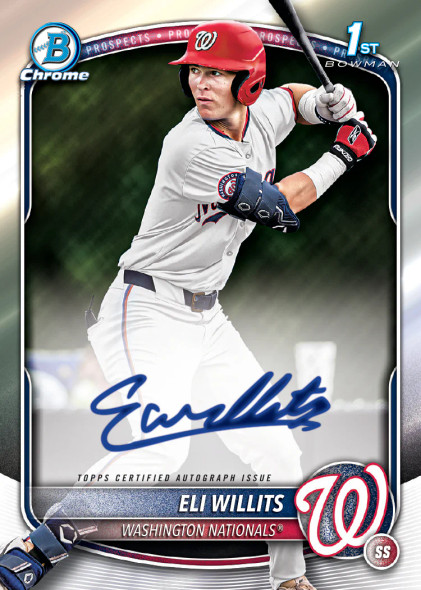 Eli Willits 1st Bowman Chrome autographed baseball card featuring the Washington Nationals shortstop prospect, signed on-card with a Topps Certified Autograph Issue and crisp action photography.