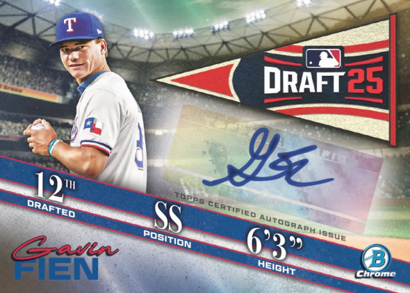2025 Bowman Draft Baseball Chrome autograph card featuring draft prospect Gavin Fien in a Texas Rangers uniform, with Draft ’25 pennant design elements, prospect details, and on-card signature displayed on a rainbow foil background.