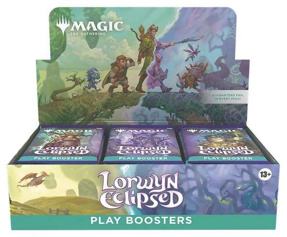 Magic: The Gathering Lorwyn Eclipsed Play Booster display box, featuring sealed MTG play booster packs with guaranteed foil cards, available for preorder.