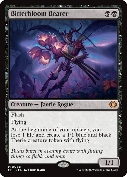 Magic: The Gathering card Bitterbloom Bearer from Lorwyn Eclipsed, featuring faerie rogue artwork and a creature card with flash, flying, and token generation.