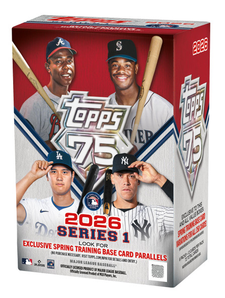 2026 Topps Baseball Series 1 Value Box showcasing MLB stars and rookies with exclusive Spring Training base card parallels.