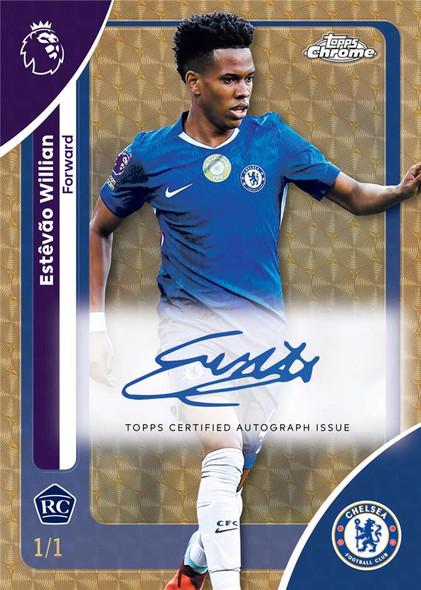 Estevão Willian Topps Chrome Premier League autographed rookie card featuring the Chelsea FC forward, showcasing a 1/1 Topps Certified Autograph Issue with premium gold chrome design.