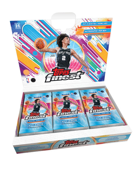 Open hobby box of 2025/26 Topps Finest Basketball showcasing sealed packs, vibrant refractor-style packaging, and premium NBA trading card presentation.