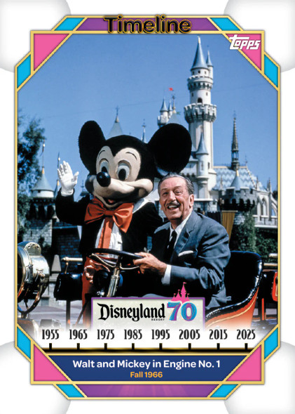 Vintage image of Walt Disney and Mickey Mouse in Engine No. 1 at Disneyland, featured on a 2025 Topps Disneyland 70th Anniversary Timeline trading card celebrating Fall 1966.