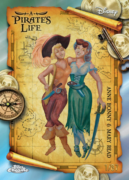2025 Topps Disneyland 70th Anniversary Pirate’s Life trading card featuring Anne Bonny and Mary Read, showcasing classic Pirates of the Caribbean–inspired artwork on a vintage treasure map design.
