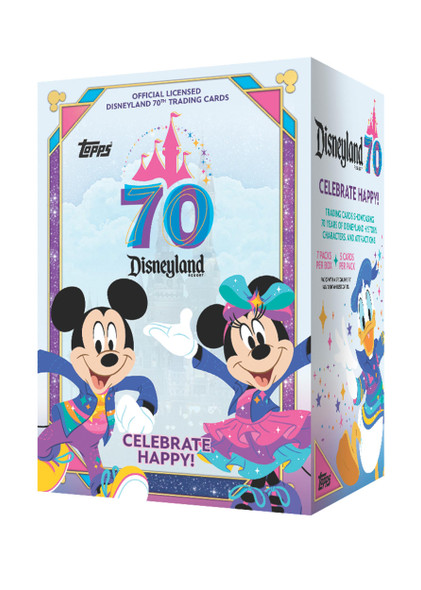 2025 Topps Disneyland 70th Anniversary Value Box packaging featuring Mickey Mouse and Minnie Mouse in colorful celebration artwork, highlighting officially licensed Disneyland trading cards commemorating 70 years of Disney magic.