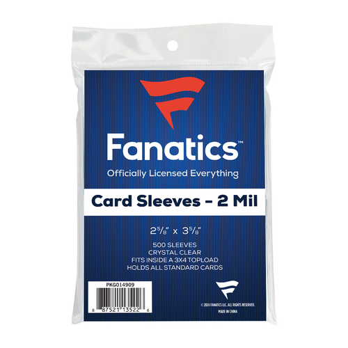 Fanatics 2 Mil penny sleeve card sleeves shown in retail packaging, designed to protect standard-size trading cards from scratches, fingerprints, and surface damage.