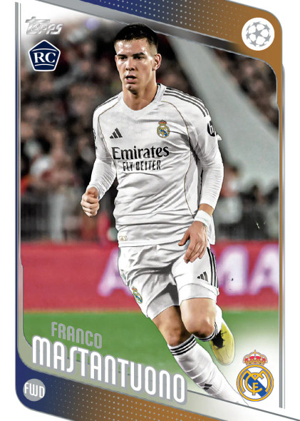Franco Mastantuono UEFA Champions League rookie card featuring the Real Madrid midfielder in match action, showcasing official Topps Flagship design and RC branding.