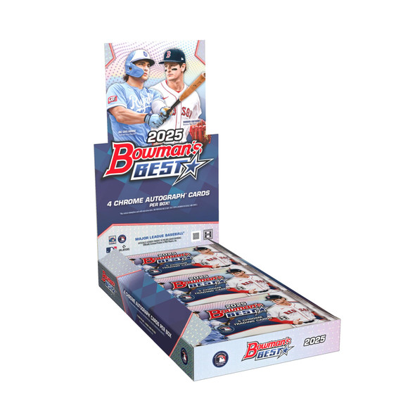 2025 Bowman’s Best Baseball Hobby Box showcasing 4 Chrome Autograph cards per box featuring MLB rookies and top prospects in premium chrome finish.