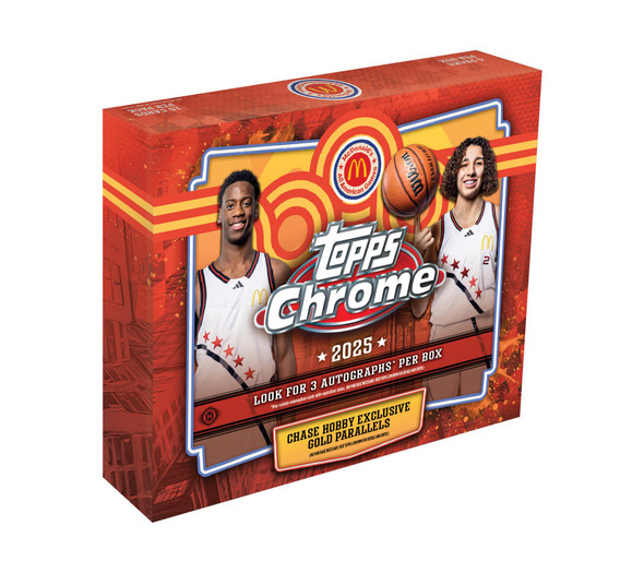 2025 Topps Chrome McDonald’s All American Basketball Hobby Box featuring 3 autographs per box and exclusive gold parallels of top high school prospects.