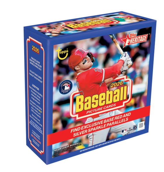 2026 Topps Heritage Baseball Mega Box featuring exclusive Red and Silver Sparkle parallels and vintage-inspired MLB card design.