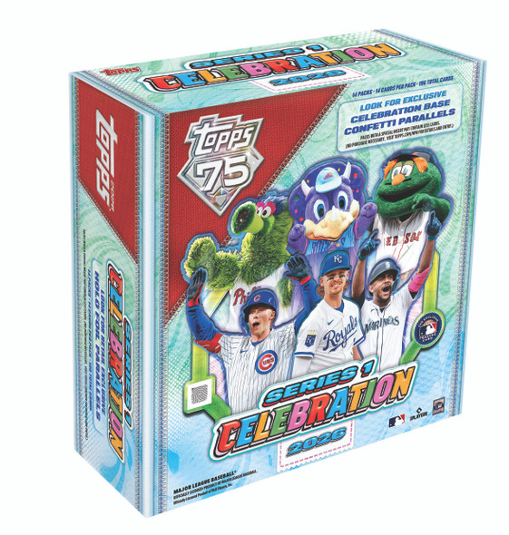 2026 Topps Baseball Series 1 Celebration Box featuring exclusive Celebration Confetti parallels and 196 total cards.