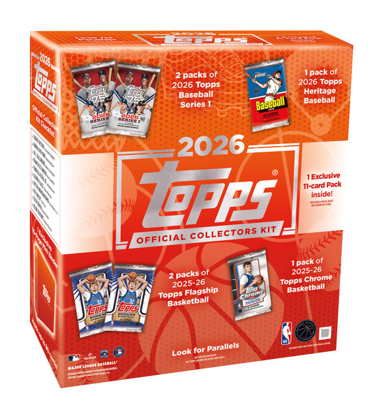 2026 Topps MLB x NBA Official Collectors Kit box featuring packs of Topps Series 1 Baseball, Heritage Baseball, Topps Basketball, and Chrome Basketball with an exclusive 11-card pack inside.