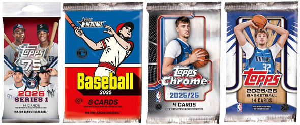 Sealed packs from the 2026 Topps MLB x NBA Collector Kit featuring 2026 Topps Series 1 Baseball, Topps Heritage Baseball, 2025-26 Topps Chrome Basketball, and 2025-26 Topps Basketball trading cards.