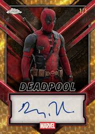 2025 Topps Marvel Chrome Deadpool autograph card featuring the Merc with a Mouth with a signed autograph panel and premium chrome-style Marvel trading card design.
